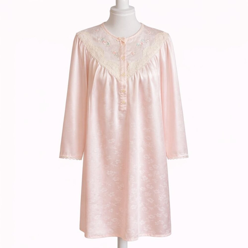 Miss Elaine Nightgown Pink Lace Collar Floral VTG Long Sleeve Button Sleepwear